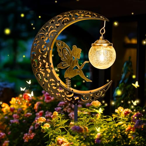 Lampes Solaires de Jardin, Fée Decoration Jardin Exterieur, Métal Lune LED Boule de Verre Lumière Solaire Exterieur, IP65 Étanche, Lampe solaire pour...
