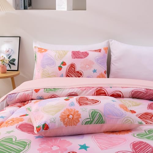 Image of A Nice Night 6 Piece Comforter Set Bed in a Bag with Comforter & Sheet Set,Watercolor Pink Bow Hearts Flower Strawberries Printed Bedding Sets Kids Girls,Twin