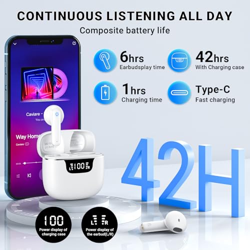 Image of Wireless Earbuds, Bluetooth 5.4 Headphones with 42H Ultralight Ear Buds,Bluetooth Earbuds with 4 ENC Noise Cancelling Mics, HiFi Deep Bass Dual LED Display USB-C, Waterproof Earphones for Android iOS