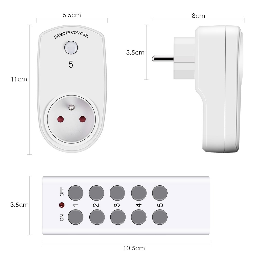 DEWIN Gniazda wtykowe z pilotem zdalnego sterowania, 5 sztuk, Smart Wireless Control, gniazdko ścienne, przełączniki, kompatybilne z wtyczkami UE z 2 pilotami