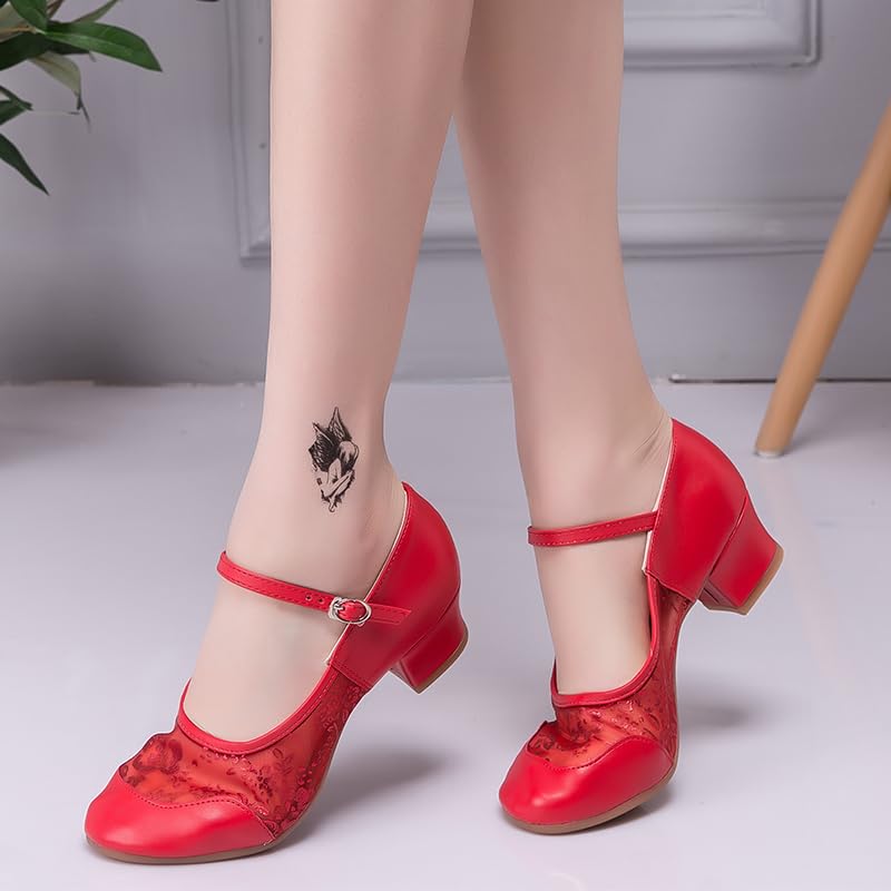 Prodrelo Women's Mesh Dance Shoes Mary Jane Low Heels Faux Leather Shoes Dancing Pumps Red 1 1/2 inches Heel 7 US