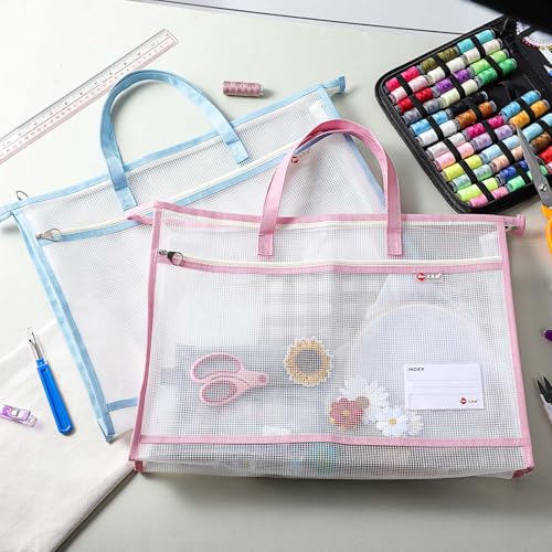 Image of 2 Pcs A3 Project Bag for Quilting Craft Storage for Quilters Clear Mesh Design Art Supply Bag Artwork Storage Organize for Artworks Charts and Teaching Material Multipurpose