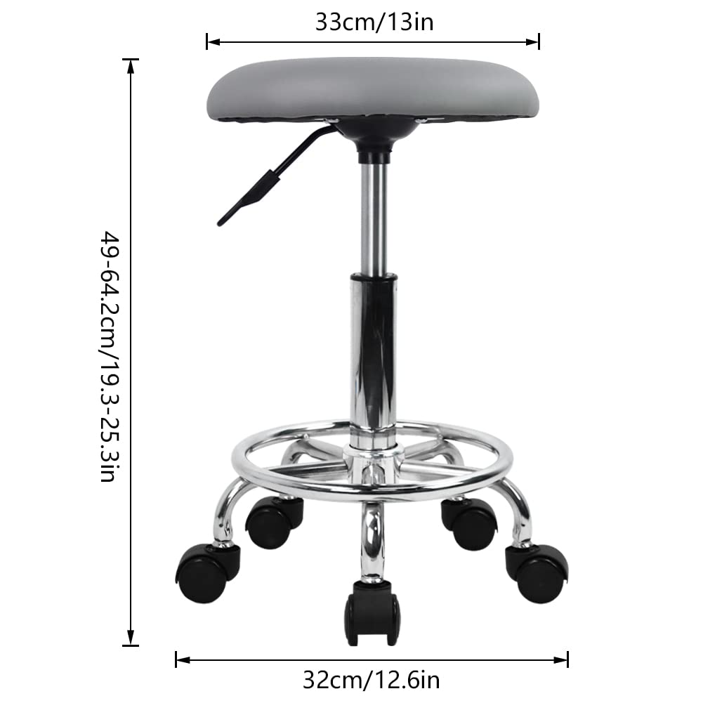 KKTONER Taburete con Ruedas y reposapiés de Piel sintética Taburete de Trabajo Redondo Giratorio 360° Taburete de Oficina con Altura Ajustable 49-64cm Gris
