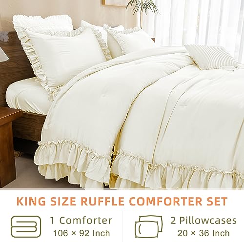 Image of QSH Ruffle Comforter Set King Size, Shabby French Country Chic Bedding Ivory Comforter Sets, 3 Pieces Farmhouse Lightweight Boho Comforter Set for Bed, Ultra Soft Microfiber Fluffy Bedding
