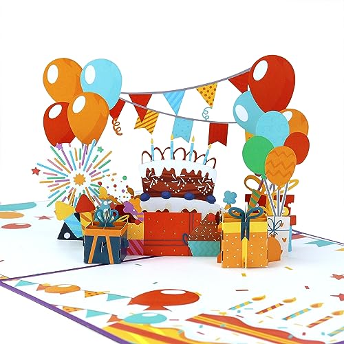TAKULA Tarjeta Cumpleaños, 3D pop-up Tarjeta Felicitacion, Farjetas Personalizadas con Tartas, Regalos y Globos, Postal Cumpleaños con Aobres Para Familia, Amigos, Seres Queridos|Purple
