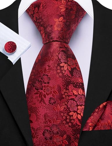 Image of Barry.Wang Flower Ties for Men Handkerchief Cufflinks Set Wedding Necktie Set Party