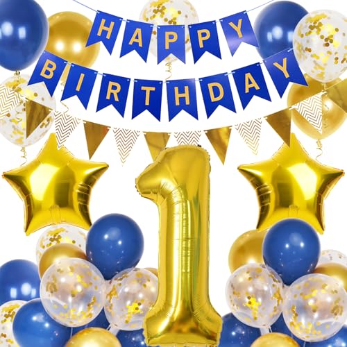 1st Birthday Decorations Boys, Navy Blue Gold Balloons and Happy Birthday Banner, 40 Inch Number 1 Foil Balloons with Bunting, for Boys Girls Party Decoration