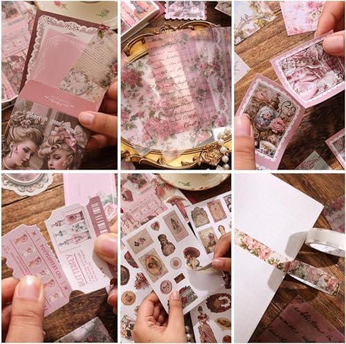 Image of ATIRAMANIYA Vintage Aesthetic Scrapbook Kit(346Pcs) Scrapbooking Supplies Kit with Bullet Junk Journal,Stationery,A6 Grid Notebook Journaling Gift for Girl (Retro Queen Pink)