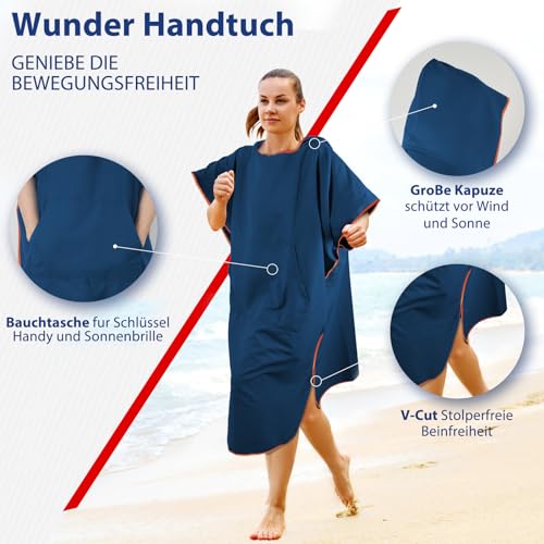KUOGAS Badeponcho Damen& Herren,Poncho Handtuch, Mikrofaser-Surf Poncho, Badeponcho Handtuch, aus Mikrofaser auch als Umkleidehilfe Strand (Dunkelblau, L)