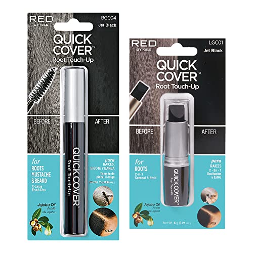 RED by Kiss Quick Cover Gray Hair Touch Up Root Touch Up Moisturize and Shine Brush Type & Stick Type Set (Jet Black)