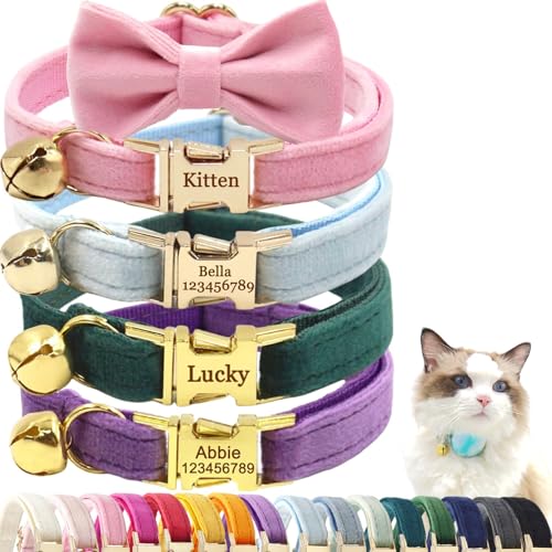 Cat Collar with Name Tag, Bell, Air-Tag Holder, Bow-Tie, Personal...