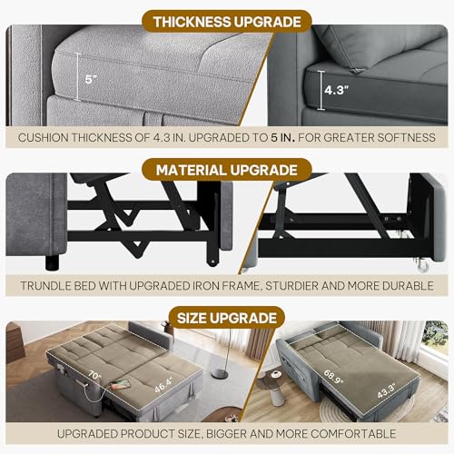 DWVO 55" Convertible Sofa Bed, 3-in-1 Sleeper Sofa with Pull-Out Couch, Velvet Futon Couch with Adjustable Backrest and USB, Modern Loveseat for Living Room Apartment, Light Grey