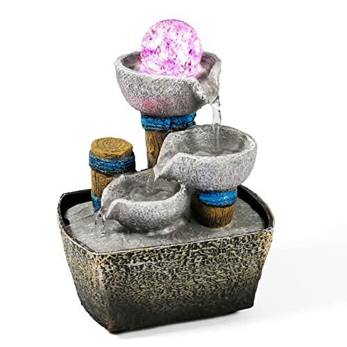 Dyna-Living Fontaine d'intérieur avec boule roulante, mini fontaine en polyrésine, éclairage LED multicolore, plateau de table, fontaine à eau, petite cascade, 14 x 10 x 19 cm Cover