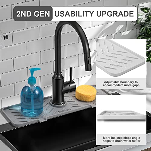 Meiliweser Silicone Faucet Splash Guard Gen 2 - Outlet & Slope Upgraded Faucet Water Catcher Mat - 18” X 5.1” - Sink Sponge Holder For Kitchen, Bathroom(Gray) #TOP3