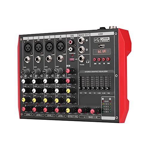 caigou Console de mixage portable D6 6 canaux EQ 7 bandes Alimentation fantôme 48 V intégrée Prise en charge de la connexion BT Lecteur MP3 USB pour l'enregistrement de musique Réseau DJ Diffusion en - Image 3