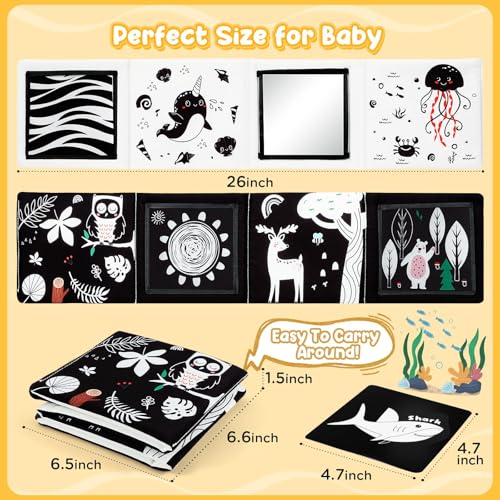 Image of URMYWO Tummy Time Mirror Toys, Visual Stimulation Learning Cards, High Contrast Black and White Baby Toys for Newborn, Soft Baby Book for Infant 0-12 Months, Baby Boy Girl Shower Gift