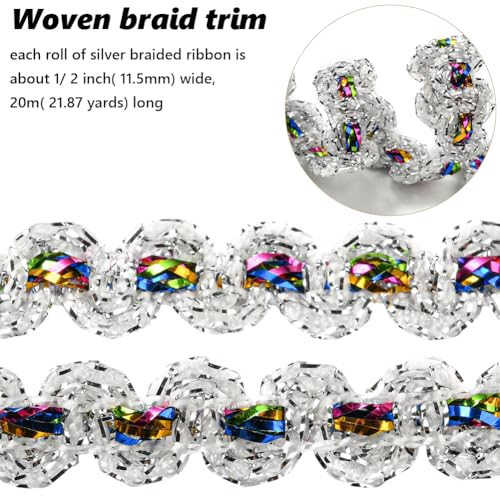 CABODYALS 20M 12mm Metallic Braid Lace Trim Silver Polyester Colorful Woven Braided Ribbon Decorative Fabric Upholstery Gimp Trimming for Jewellery Making Sewing Curtain Slipcover Craft Decor Supply - Image 2