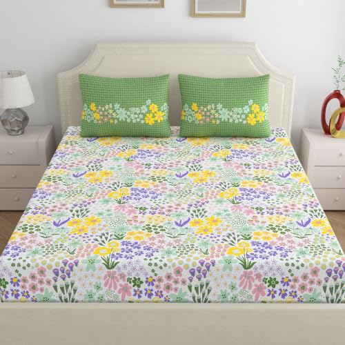 Image of Home Ecstasy 100% Cotton Double Bedsheet with 2 Pillow Covers - (Size 87 x 98 inches, 140 TC, Colour - Green)