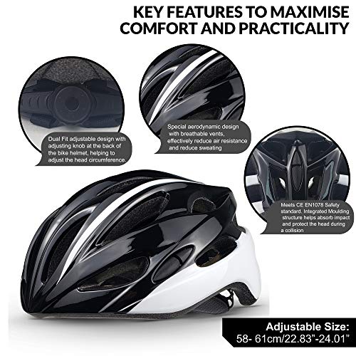 SPORT24 Lightweight Bike Cycle Helmet Road Bike Cycling Safety Helmet for Men Women (Fits Head Sizes 58-61cm) Black White - Image 3
