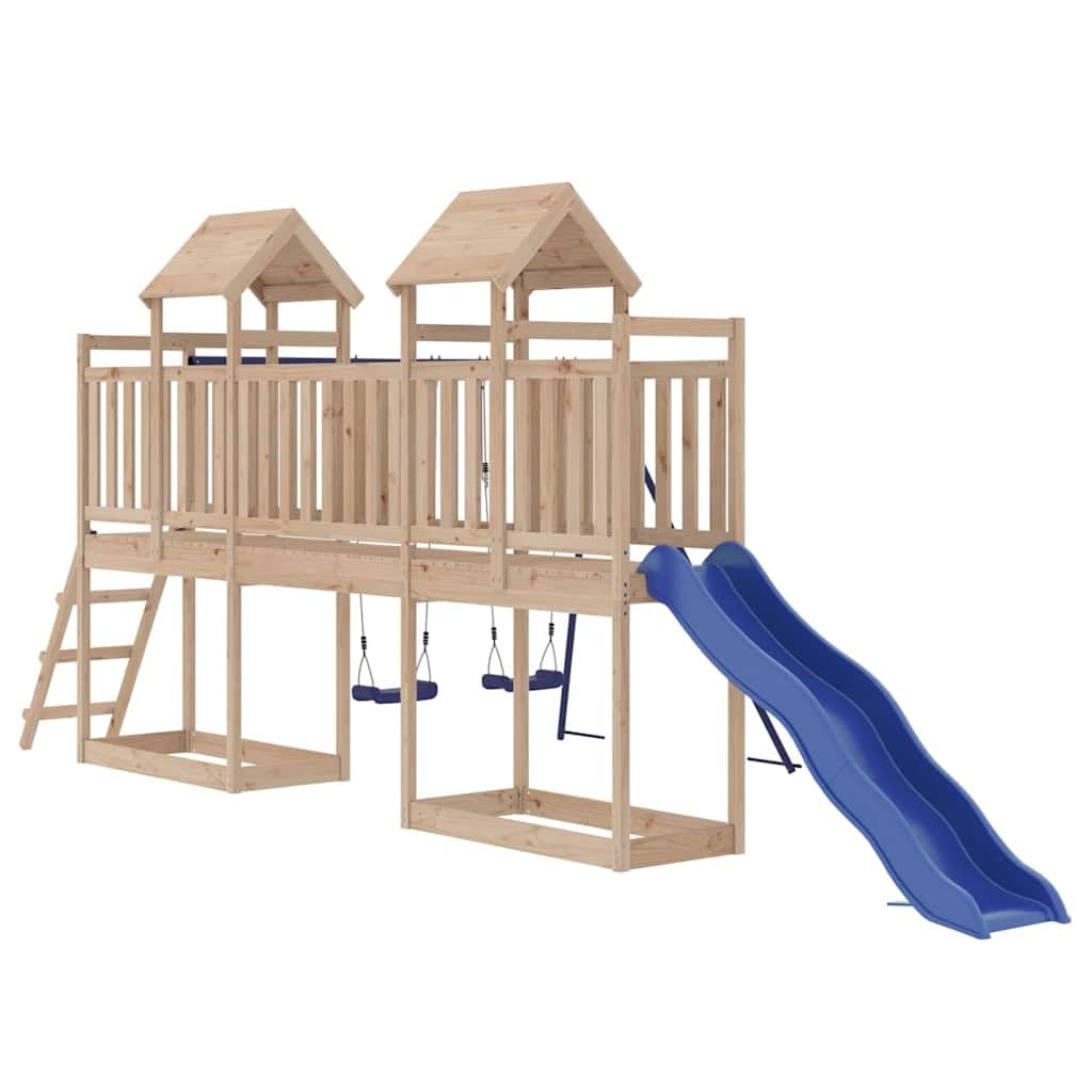 Spielturm Massivholz Kiefer Klettergerüst mit Wellenrutsche, Doppelschaukel, Sandkasten und Leiter für Kinder 3-8 Jahre, Garten Spielhaus Outdoor mit stabilem Holzgestell und