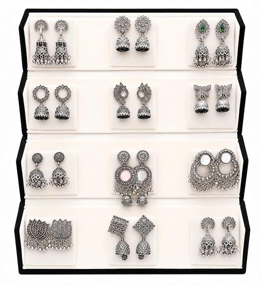Oxidized Designer Stud Earrings Set of 12 for Women & Girls-image-1