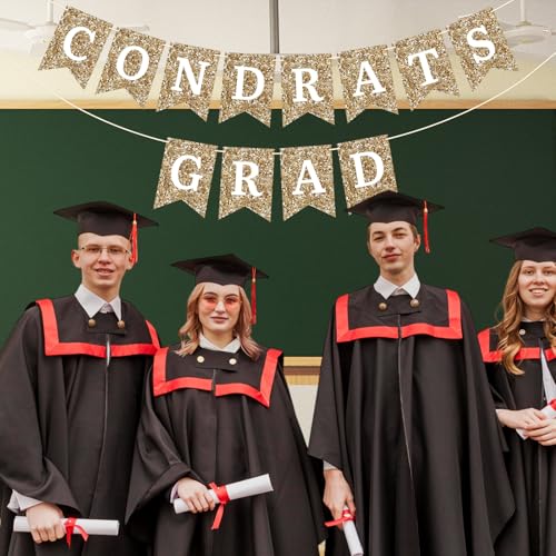 Image of Gold Congrats Grad Banner Garland, No DIY Required Pre-Strung Glitter Graduation Banners, Grad Congrats Class of 2026 Party Decorations for Graduation Party Supplies (Congrats Grad Banner)