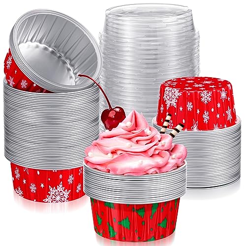 Umigy 100 Pcs Christmas Aluminum Foil Baking Cups with Lids 4.3oz Baking Liner Cups Xmas Disposable Ramekins Muffin Tins Cupcake Containers for Party (Snowflake, Christmas Tree)