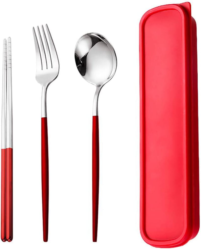 AXIAOLUTravel Utensils, Stainless Steel 4pcs Cutlery Set Portable Camp Reusable Flatware Silverware, Include Fork Spoon Chopsticks with Case (Red)