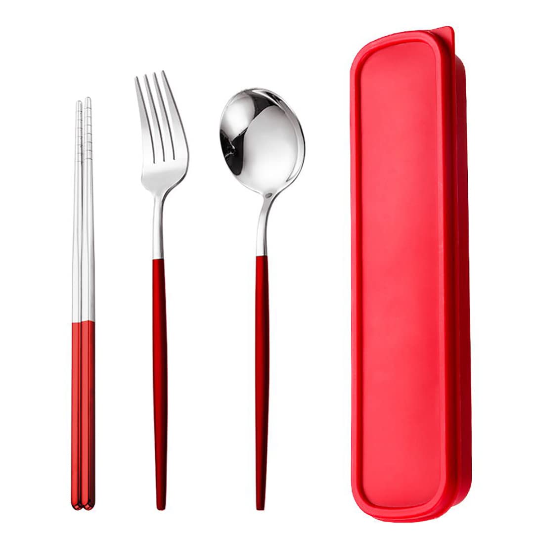 AXIAOLUTravel Utensils, Stainless Steel 4pcs Cutlery Set Portable Camp Reusable Flatware Silverware, Include Fork Spoon Chopsticks with Case (Red)