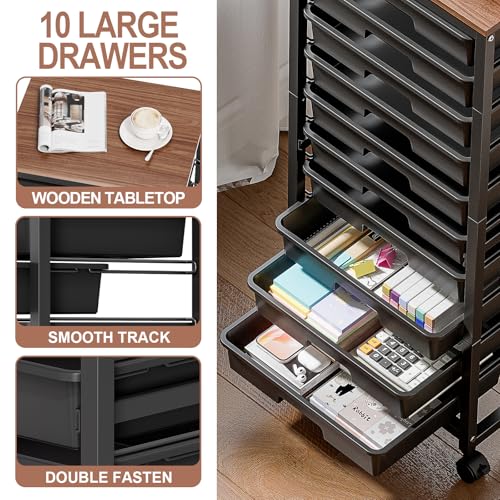 Rolling Cart with Drawers,10 Drawer Rolling Cart,Storage Cart,Utility Cart,Teacher Cart for Classroom Storage,Craft Cart with Wheels and Wooden Tabletop,Black - Image 5
