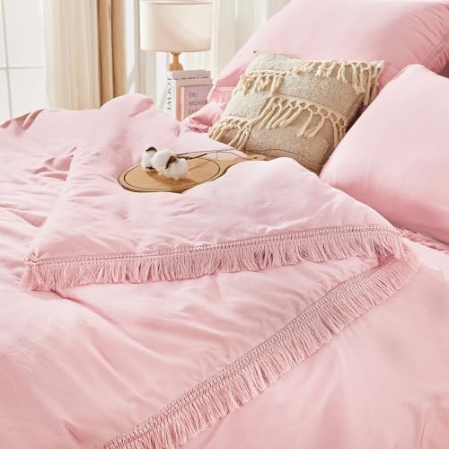 Image of Andency Full Size Comforter Set Light Pink -7 Pieces Boho Tassel Bed in a Bag Soft Lightweight Bedding Sets, Fringe All Season Bed Set with Comforter, Sheets, Pillowcases & Shams