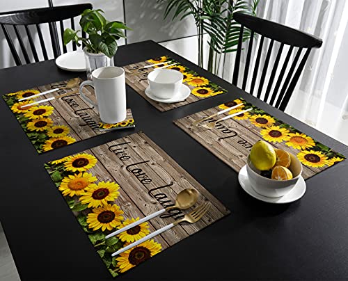 Museday Set Of 4 Placemats Live Love Laugh Farm Sunflower Flower On Retro Wood Grain Heat Resistant Place Mat For Dining Table Washable Non-Slip Table Mats Kitchen Home Decor #TOP3