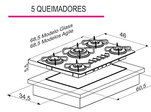 Cooktop à Gás 5 Bocas Atlas Agile Preto com Mega Chama - Bivolt