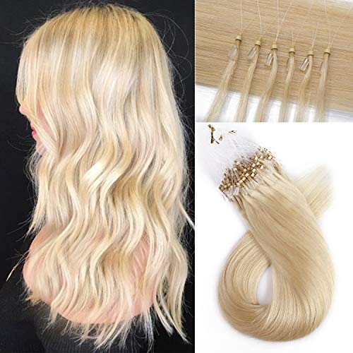 S-noilite Micro Loop Human Hair Extensions Blonde 20Inch 50g 50strands Micro Link Ring Remy Hair Extension Pre Bonded Microlink Tipped Hairpieces #60 Platinum Blonde