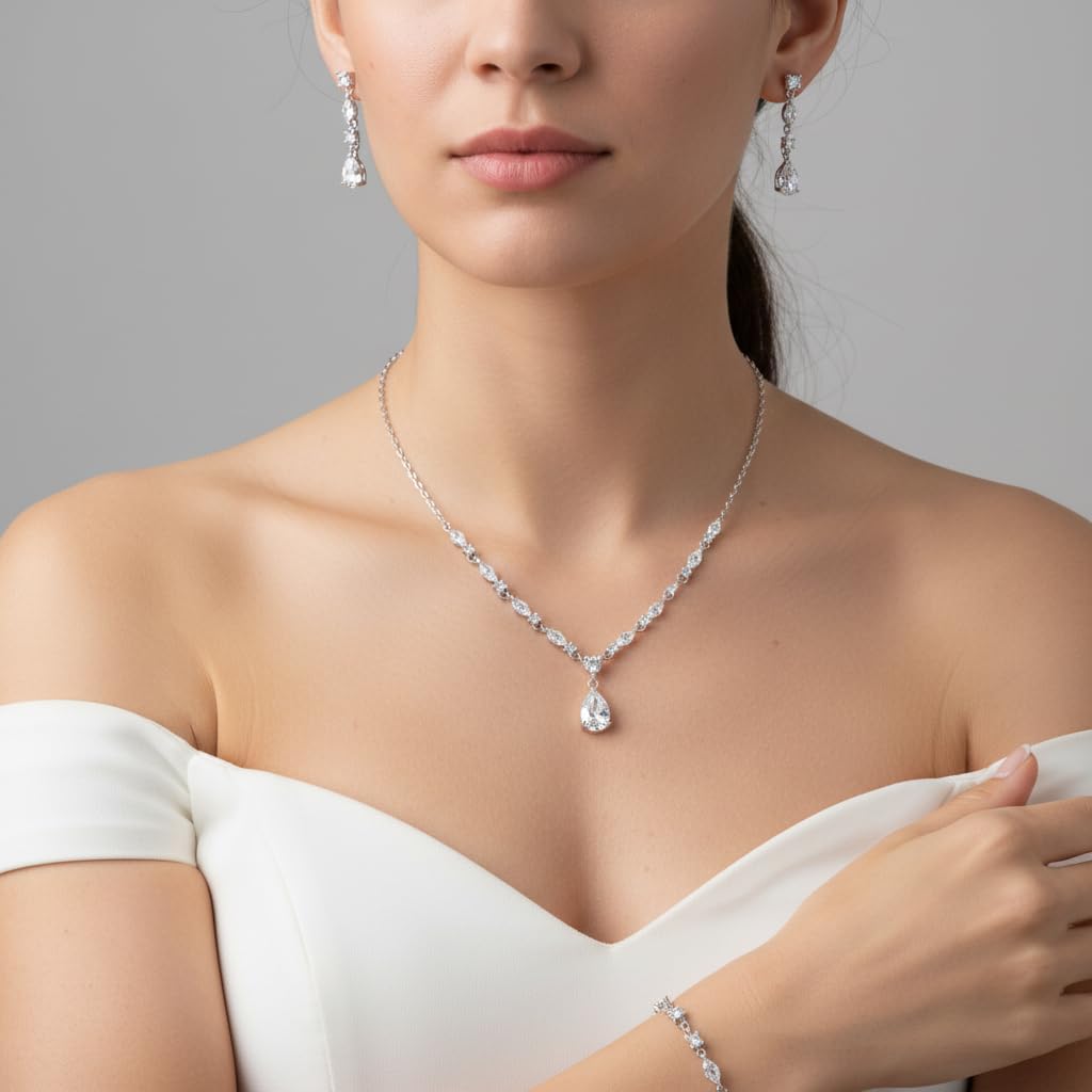 EVER FAITH Goccia Zirconia cubica Set di Gioielli da Sposa per la Sposa Damigella d'Onore, Scintillante CZ Elegante Ciondolo Collana Orecchini Pendenti Bracciale Set per Le Donne