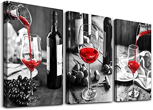 Canvas Wall Art For Kitchen Wall Decor For Dining Room Black And White Wine Glasses Painting Modern Red Wine Canvas Art Prints Ready To Wall Pictures For Restaurant Home Decorations 16"X24" 3 Pieces