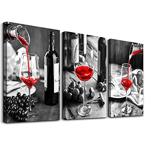 Canvas Wall Art For Kitchen Wall Decor For Dining Room Black And White Wine Glasses Painting Modern Red Wine Canvas Art Prints Ready To Wall Pictures For Restaurant Home Decorations 16"X24" 3 Pieces #TOP4