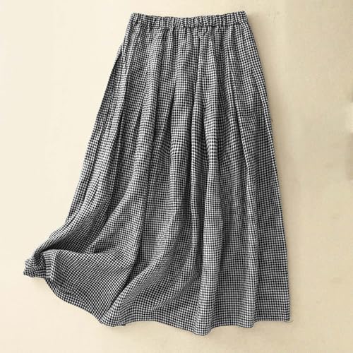HGps8w Vintage Plaid Cotton Linen Skirt for Women 2025 Fall Elegant Elastic High Waist Loose A-Line Swing Casual Maxi Skirts2