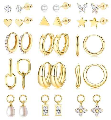 Jstyle Small Gold Hoops Earrings for Women 14K Gold Plated Huggie Hoop Earrings Lightweight Hypoallergenic Stud Earrings Set with Cubic Zirconia Pearl Charm Set-Earrings Stacks for Women No Tarnish