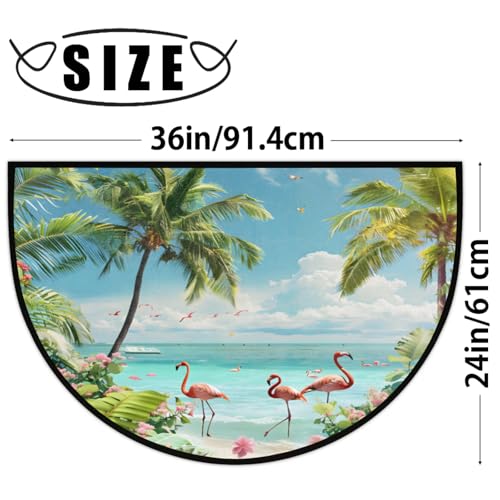 Image of Half Round Doormat Summer Flamingo Beach Flowers Non Slip Half Circle Area Rugs Indoor Washable Half Moon Rug Semi Circle Bathroom Runner Mat Entrance Floor Carpet for Kithen Bedroom Fireplace Decor