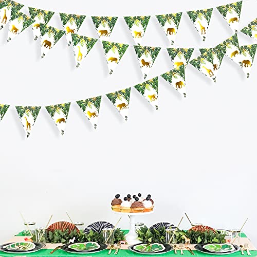 36 Feet Jungle Safari Animal Pennant Banner Paper Triangle Bunting Garland Zoo Themed Baby Shower Boys Girls Wild One First Birthday Party Supplies Decorations(Gold And Green) #TOP3