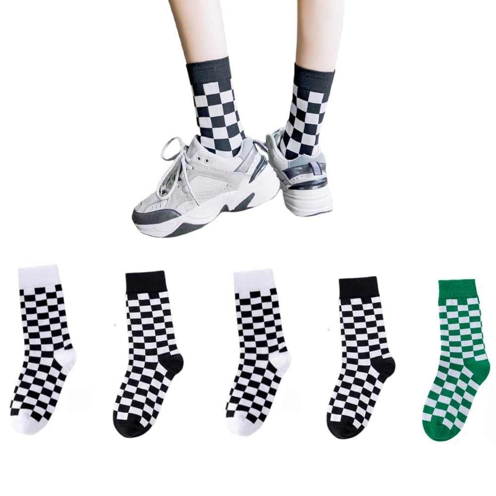 AKAMAS 5 pares de calcetines cómodos de algodón para mujer, a la moda, color negro, blanco, verde, bloques de color, calcetines cortos con patrón a cuadros, calcetines casuales, calcetines