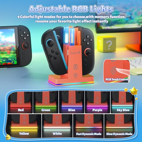 Image of FASTSNAIL Switch 2 Controller Charger Dock for Nintendo Switch 2 for JoyCon | 4-in-1 Fast Switch 2 Joypad Charging Dock Station, 9 RGB Light, Dual-Direction Magnetic Stand for Joycon 2 Accessorie, Orange
