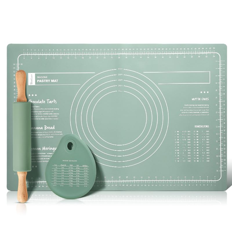 BOBBYQ Silicone Baking Mat 3, 60X40CM Mat+Rolling Pin+Dough Cutter 3 Pcs, Food Grade Silicone Dough Rolling Mat For Making Cookies, Macarons, Multipurpose Mat, Countertop Mat, Placemat