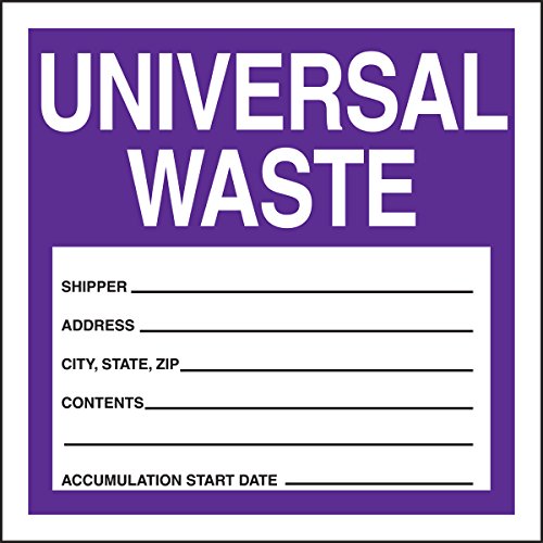 Accuform"Universal Waste - Shipper - Address - City,State,Zip - Contents - Accumulation Start Date -" Adhesive Coated Paper Hazardous Waste Label, 6" x 6", Purple/Black/White (Pack of 25), MHZW16PSP