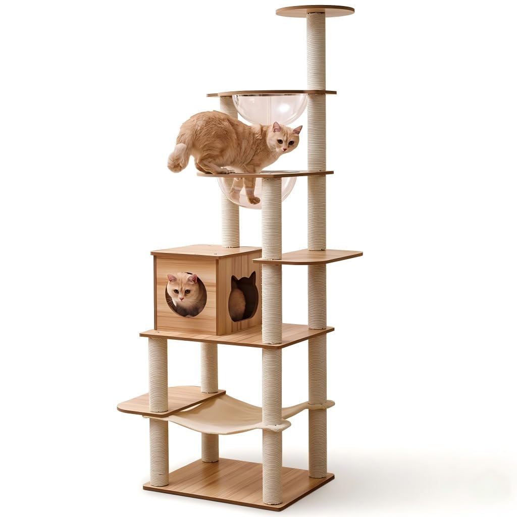 Tiragraffi per gatti 193 cm - 16 Tiragraffi grande - Amaca - 2 Cabine trasparenti - Giocattoli per gatti, Piattaforme di peluche.(KT1154)