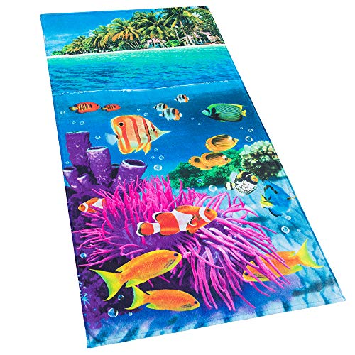 Softerry Tropical Island Beach Towel 30 x 60 inch 100% Cotton Coral Reef and Fishes
