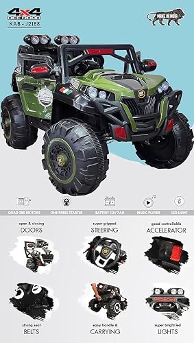 Image of Wishmaster Driving EV Cars for 1, 2, 3, 4, 5, 6 Years | Remote + Steering + Mobile App Control | Kids Jeeps (Jumbo Size KAB2188 [1-8 Year Kids], Army Green)