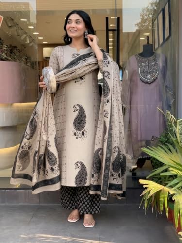 Image of Nermosa Women's Pure Viscose Block Printed Ethnic Wear Straight Kurta Set with Palazzo Pants & Dupatta | Kurta Set for Women | 3 Piece Set