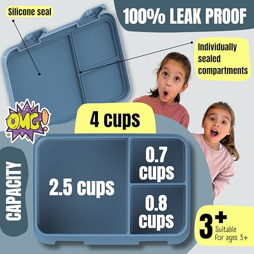 Image of BEARFOOT Kids Lunch Box with Compartments - Compact & Lightweight | Leak-Proof, BPA-Free, Dishwasher Safe | Hand-Drawn Design for Preschool, School, Travel (Firetruck Bunnies Blue, 4 Cups) | BPA Free Leakproof Lunch Box with Compartments School & Nursery for Girls & Boys Lightweight & Compact